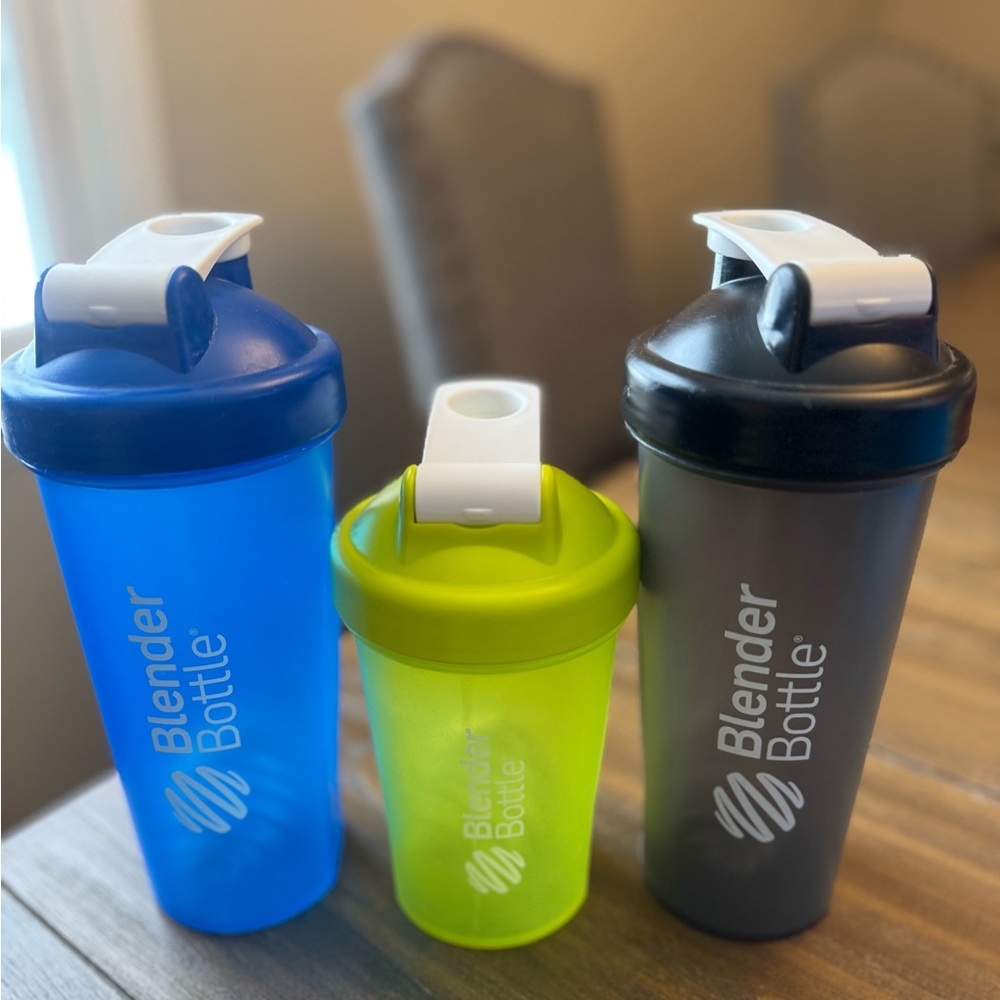 Blue & Green Blender Bottles 3 Set with Flip-Top Lids & Cylindrical piece inside